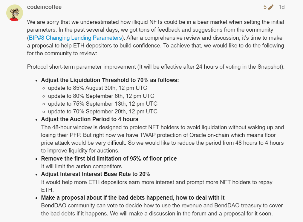 src. https://governance.benddao.xyz/t/bip-9-adjusting-liquidation-threshold-auction-period-and-interest-base-rate-ui-improvement/114